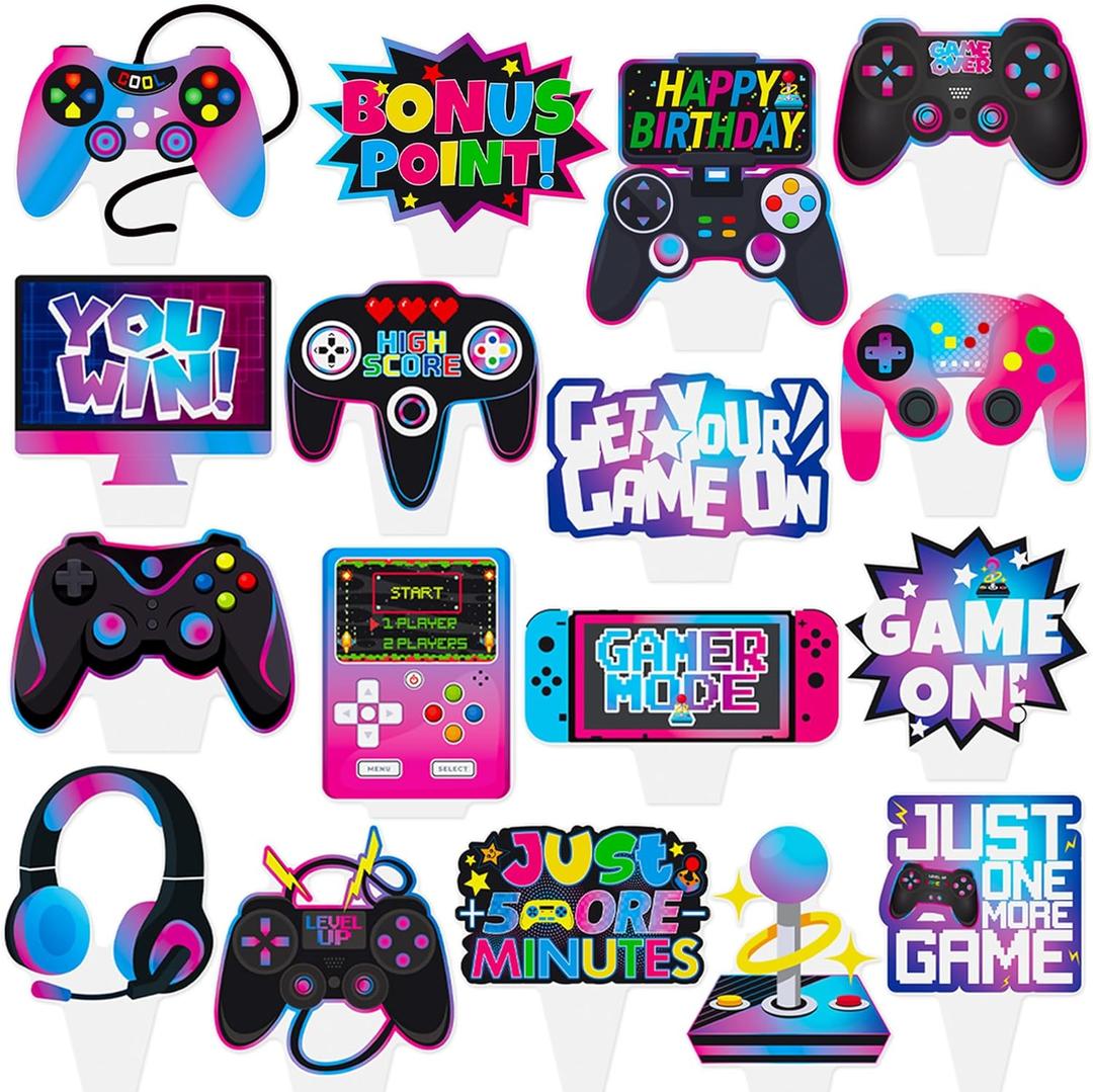 Video Game CupCake Toppers Gamer Party Cupcake Topper 48Pcs Colorful Game Birthday Decorations Game Theme Cake Topper for Game on Level up Party Supplies