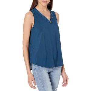 Star Vixen Women's Sleeveless V Neck Top with Button Detail (Medium Petite, Teal)