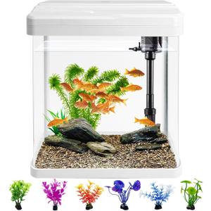 PINVNBY Small Fish Tank, 2 Gallon Glass Aquarium Starter Kits with 6 PCS Plastic Plants, Betta Fish Tank for Shrimp Guppy Jellyfish Goldfish Beta, Room Decor Desktop