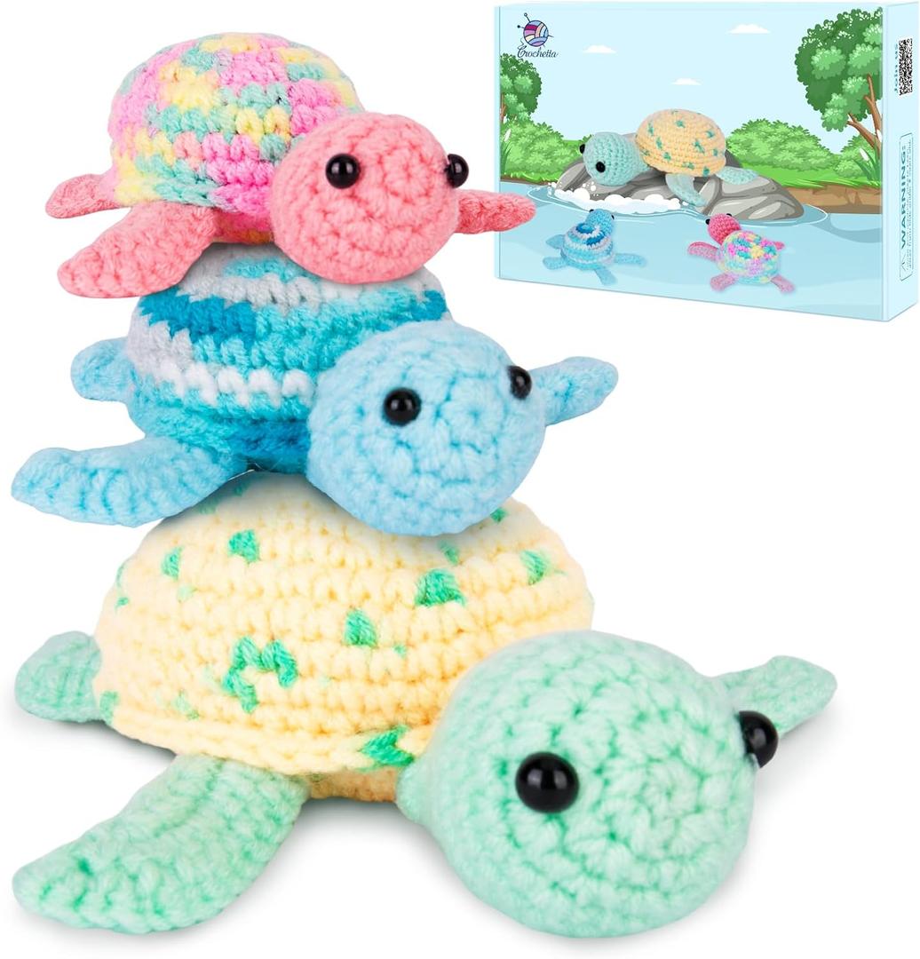 Crochetta Crochet Kit for Beginners, Beginner Crochet Kit for Adults with Step-by-Step Video Tutorials, DIY Crochet Animal Kits Knitting Supplies, 3 Pack Turtle (40%+ Yarn)