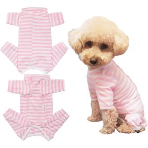 Dogs Recovery Suit Post Surgery Shirt for Puppy, Full Coverage Dog's Bodysuit Wound Protective Surgical Clothes for Small and Medium Pets (Pink White Stripe-xs)