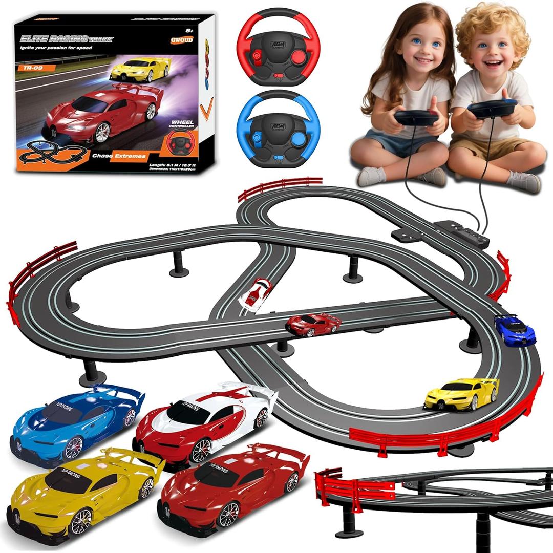 Slot Car Race Track Set with 4 Light-Up Cars, 2 Speed Adjustable Steering Wheel Controllers, 16.7ft Track with Overpass, Lap Counter, Dual Power Mode, Gift for Boys Girls Age 8+