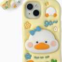 Kawaii 3D Duck Phone Case for iPhone 13 Pro Max (with Retractable Phone Stand & Grip) Cute Girly Cartoon Soft Silicone Phone Cover for Girls, Kids, Teens, and Women, Yellow
