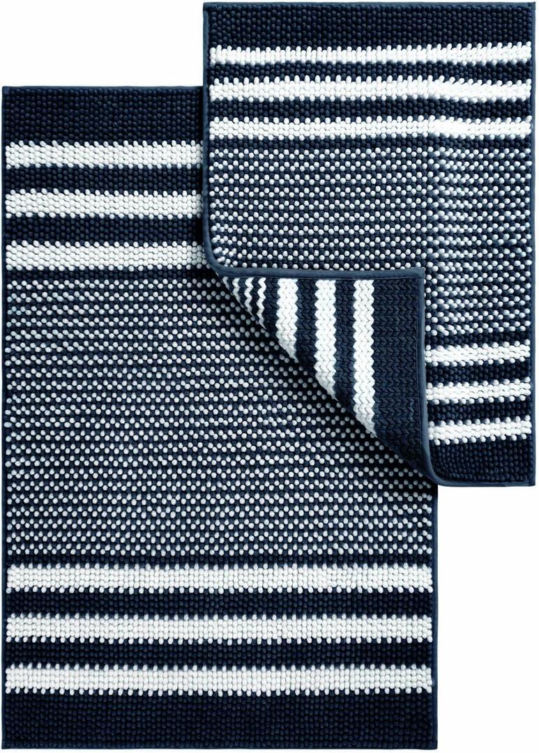 Starryle Bathroom Rugs Set 2 Piece, Extra Soft and Absorbent Fluffy Striped Chenille Bath Mat Rug Set, Non Slip Bathroom Floor Mat, Machine Washable (21" x 47" Plus 20" x 32", Navy Blue)