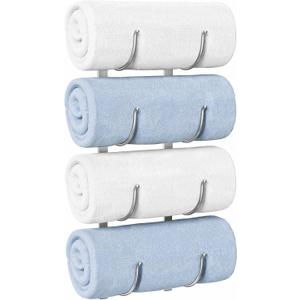 Bathroom Rolled Towel Rack: 4-Tier Wall Mounted Towel Storage Holder, Hanging Organizer for Towels, Blankets, Large Bath Sheets, Space Saving in RV, Closet, Toilet, Cabinet, Silver