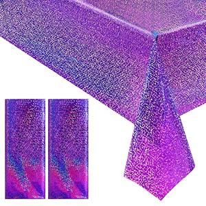 Just Shimmer 2 pcs Purple Holographic Plastic Tablecloths Laser Table Covers 40" x 108" Foil Disposable Table Cloths for Party Birthday Wedding Christmas Holiday Party Decorations