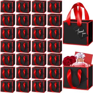 Yeaqee 50 Pcs Mini Metallic Paper Gift Bags with Handle 4x4.75x2.2'' Small Gift Bag DIY Tag Thank You Party Favor for Mother's Day Wedding Graduation Baby Shower Birthday Jewelry (Black,Red)