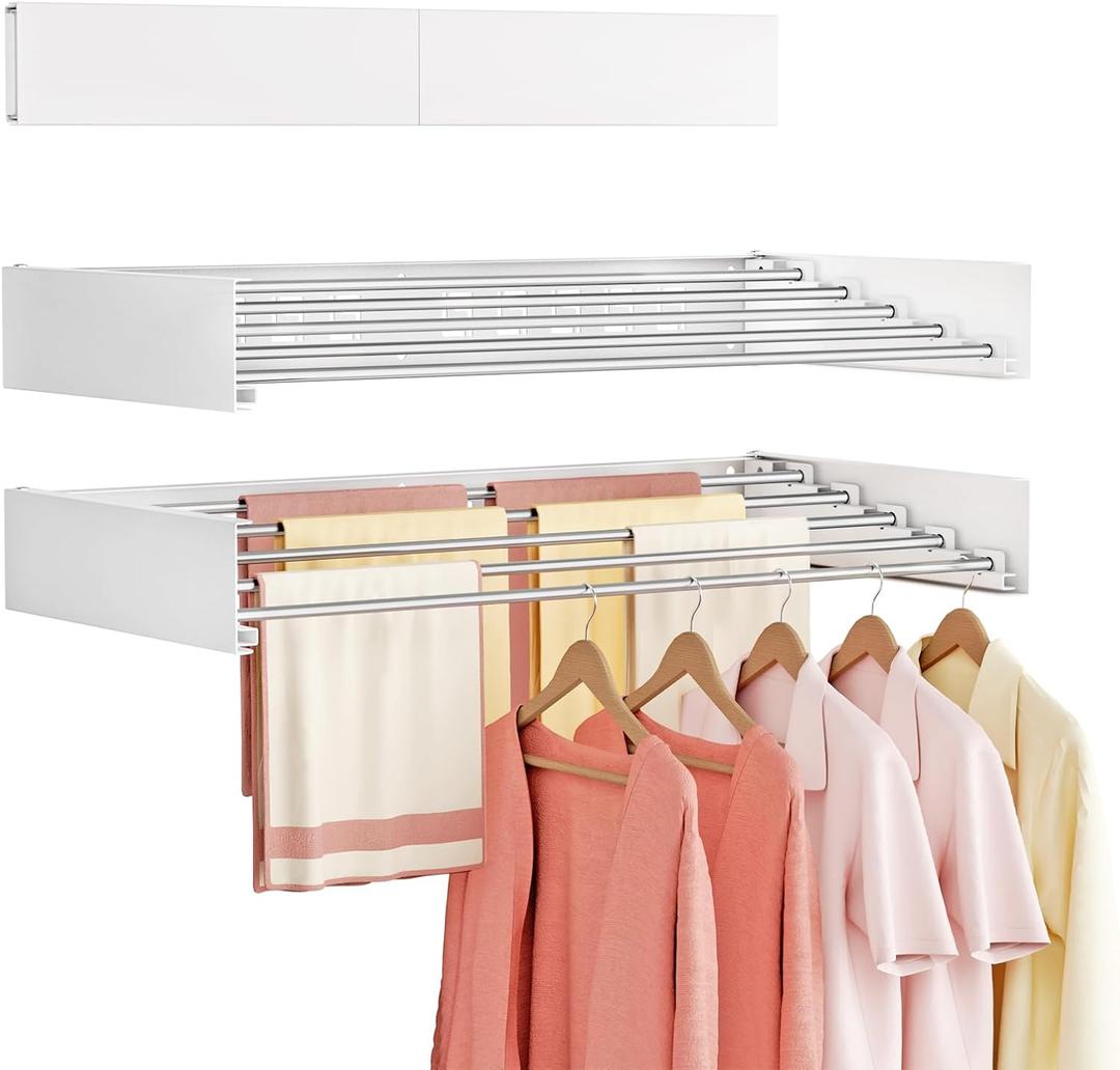 Wall Mounted Clothes Drying Rack Folding Indoor, Foldable Laundry Drying Rack Collapsible, Invisible, Space Saving, Retractable Towel Drying Rack, with Wall Template(5 Drying Rods, White 32")