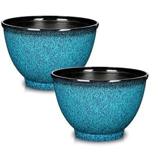 Hollyone Set of 2 Outdoor Planter Gradient Blue Plant Pot 11.5 inch Plastic Pots for Plants Planters for Outdoor Indoor Plants with Drainage Hole Round Plant Pot Flower Pots Garden Decorations