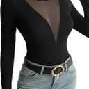 Trendy Deep V Sheer Mesh Women's T Shirts Long Sleeve Going Out Basic Tops (Black, M)
