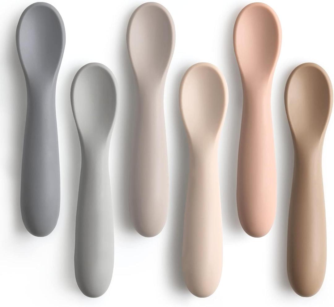 6 Pack Baby Spoons, Shorter Length for Self Feeding, First Stage Spoons, Food Grade Silicone, 6+ Months, Baby Training Spoons, Dishwasher Safe & Boil-proof