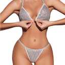 OYOANGLE Women's Glitter Sequin Cheeky Lingerie Set Triangle Bra High Cut String Thongs Sets (Silver, S)