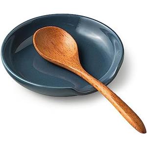 Miamolo Ceramic Spoon Rest for Stove Top, 5" Stove Spoon Holder for Kitchen Counter, Farmhouse Utensil Rest Tray for Spatula, Ladles Tongs, Vintage Blue