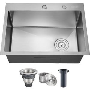 BIBKOK Kitchen Sink 24x18 Topmount Single Bowl Dropin Sinks 304 Stainless Steel Handmade Home Bar Outdoor RV Sinks Brushed
