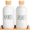 HULISEN Dish Soap Dispenser Set with Wood Tall Tray, Kitchen Soap Dispenser Set, Matte Hand and Dish Soap Dispenser Set for Modern/Boho/Farmhouse Kitchen Decor (Rectangle White)