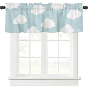 Valance Curtains for Kitchen Window, Blue White Cloud Cartoon Kids Rod Pocket Valances Window Treatments Short Curtains for Bedroom/Living Room,54" X 18" -1 Panel