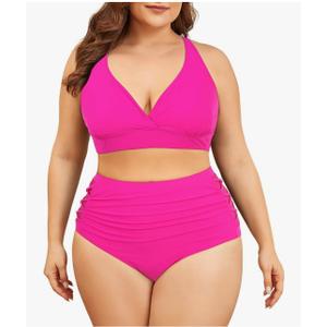 Womens Plus Size Bikini Two Piece Swimsuits Tummy Control Bathing Suits High Waisted Bikini Swimwear Rose Red 16 Plus, Pink