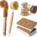 Natural Bamboo Dish Brush Set - 6 PCS Kitchen Cleaning Brush Kit with 4 Utensil Brushes and 2 Coconut Fiber Dish Sponges, for Cleaning Pots, Pans, Dishes, Bottles, Vegetables, and Fruits