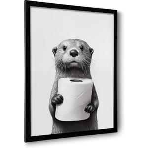 ILLBDR Bathroom Framed Wall Art Funny Bathroom Wall Art Black and White Print Humorous Minimalistic Canvas Artwork Otter Decor for Guest Toilet Framed 16"x24"