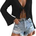 Floerns Women's Scallop Trim Trumpet Long Sleeve Tie Front Cardigan Crop Top, M