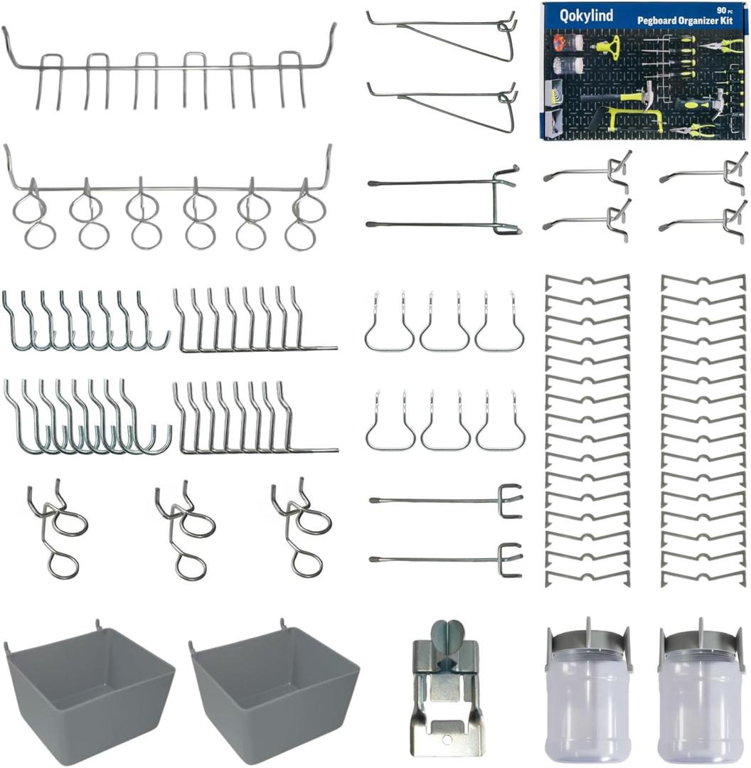 Pegboard Metal Hooks Kit 90PCS - Heavy Duty Utility Set for Garage & Workshop Organization, Wall Hanger Holder with Locks, No Tools Needed, Storage Accessories