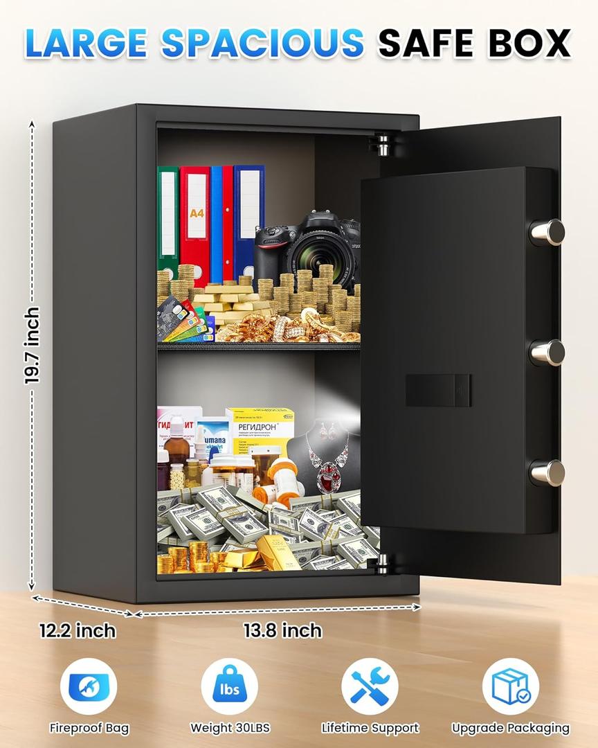 3.5 Cuft Fireproof Safe Box, Home Safes Water and Fireproof, Digital Security Document Safe With LCD Programmable Keypad, Backup Keys, Smart Alert, Large Combination Safety Box For Money Jewelry