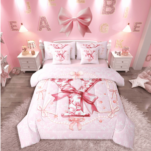 Castle Fairy Floral Initial 3-Piece Full Bedding Sets,Dreamy Princess Bedding Comforter Set,Bow Flower Breathable Sheet Sets,Breathable Girls Bedroom Decoration