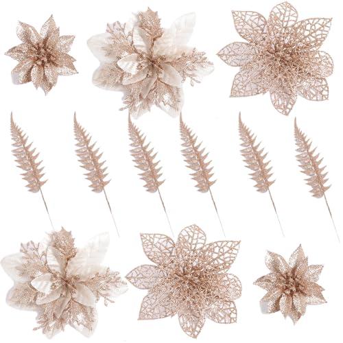 30 Pcs 3 Styles Poinsettias Artificial Christmas Flowers Decorations Set, 18 Poinsettia Flowers Artificial with 12 Christmas Tree Picks for Xmas Decor Holiday Party Decorations（Champagne）