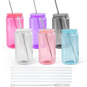 16oz Plastic Mason Jars, 6Pack Clear Mason Drinking Acrylic Cups with Lids and Stainless Steel Straws Iced Coffee Cups Shatterproof Unbreakable Tumblers for Smoothies, Beer, Coffee, Milk Tea, Colored
