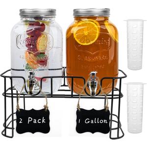 1 Gallon Drink Dispenser with Stand,2 Pack Beverage Dispenser with Stand,Glass Water Juice Dispensers Punch Bowl for Parties