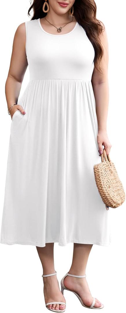LARACE Women's Plus Size Sleeveless Maxi Dress Casual Crew Neck Pleated Flowy Long Dresses with Pockets (1X, White)
