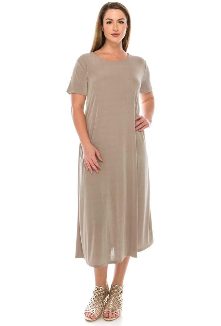 Jostar Women's Basic Midi Dress – Short Sleeve Basic Stretch Casual Swing Flowy T Shirt Long One Piece