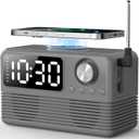 15W Fast Wireless Charger with Bluetooth Speaker and Alarm Clock Radio,4 in1 Wireless Charging Station for iPhone,Android Phones with FM Radio for Bedroom (7inch, Gray)
