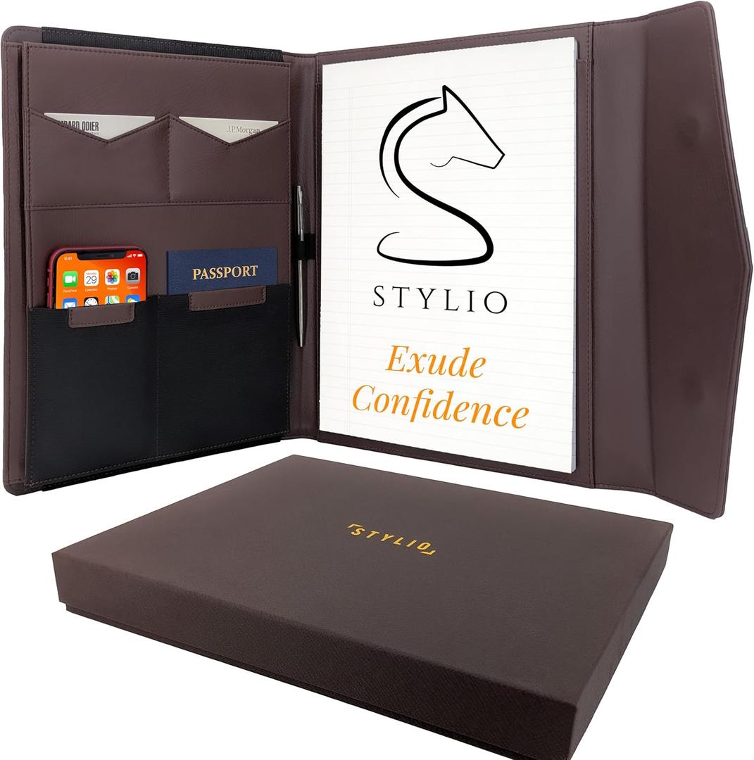 STLYIO Trifold Padfolio - Magnetic Closure. Stretchable Compartment for Tablet, Documents. Elastic Pockets for Phone, Gadgets, Passport, Travel Documents. Letter-Sized Notepad and Gift Box Included. (Padfolio w/ Magnetic Clasp (12.5" x 10.2" x 1.6"), Walnut)