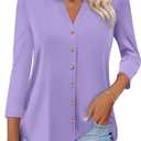 ORANDESIGNE Women's Button Down T Shirts 3/4 Sleeve V Neck Tops Casual Summer Ladies Tees (Purple) XXL