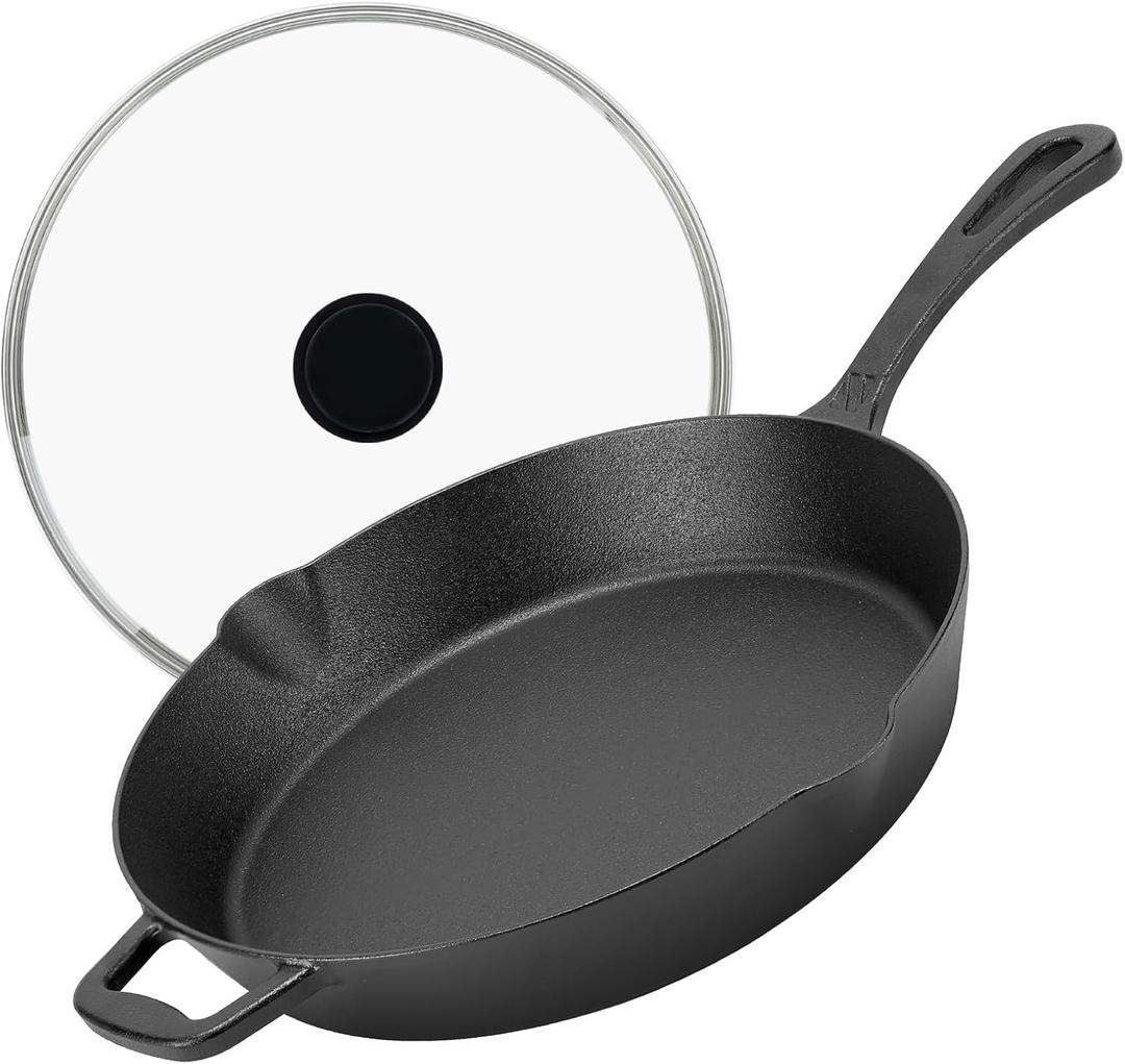 12 Inch Long Handle Cast Iron Skillet with Glass Lid, 6.37lbs (Pre-seasoned)