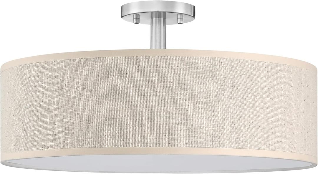 4 Light 18 Inch Semi Flush Mount Close to Ceiling Light Fixture,Off White Fabric Shade Brushed Nickel Finish for Bedroom,Living Room,Dining Room Hallway