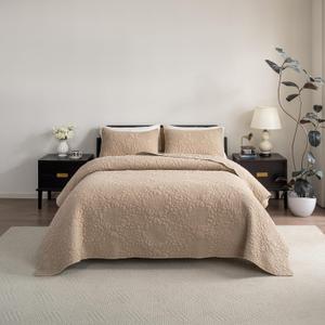 TEXTURE & LOOMS Cotton Quilt Queen Size Khaki Bedding Set, Water-Washed 3-Piece Cozy Lightweight Stitching Decorative Bedding Cover Coverlet Set with 2 Shams in Daisy Pattern for All Season