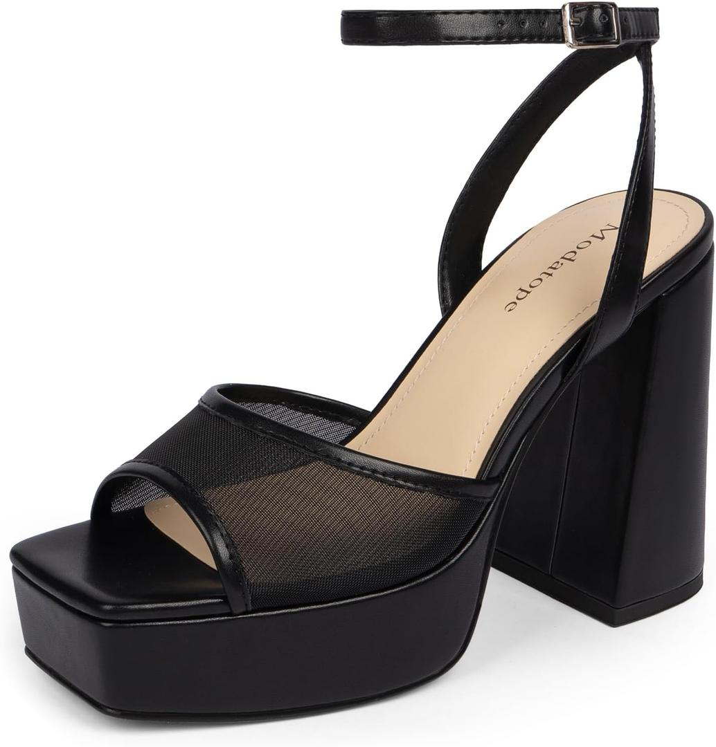 Modatope Platform Heels for Women Platform Sandals Womens Chunky Heel Open Toe Pumps Ankle Strap Womens Wedding Party Pumps Shoes (Black)7.5