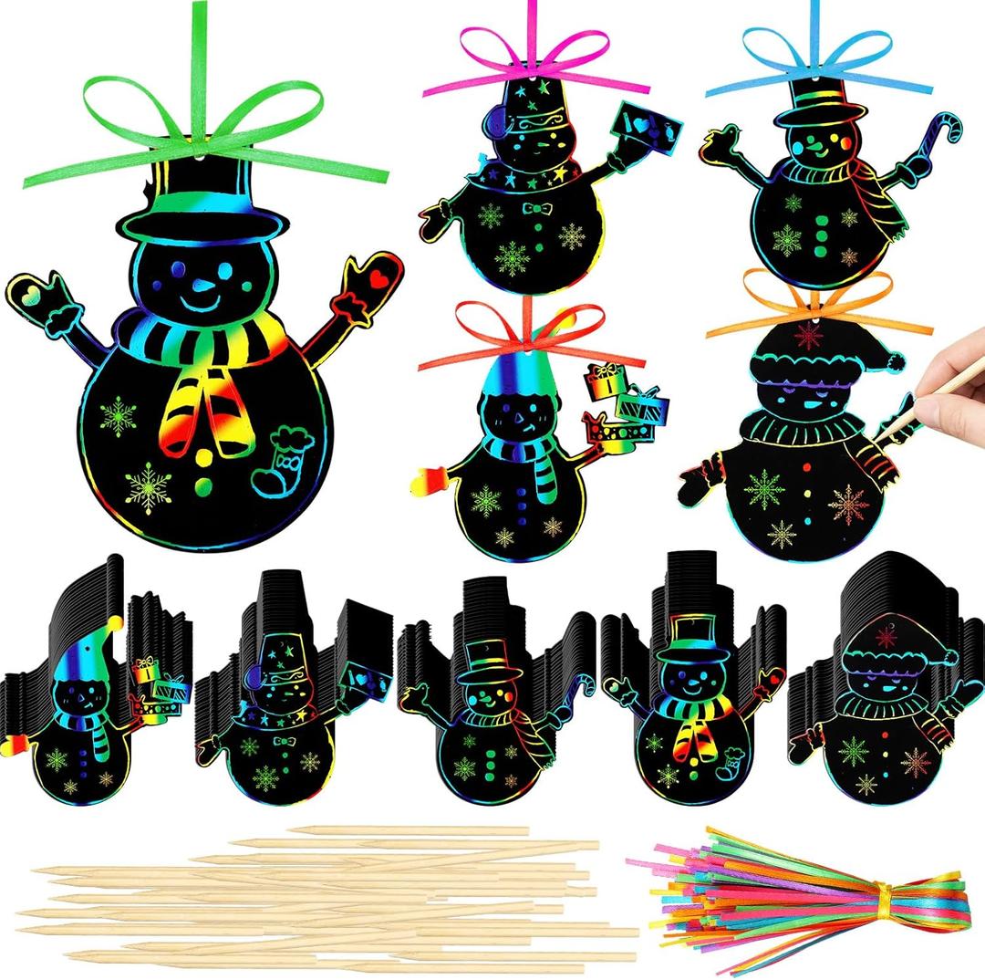 Fuutreo 100 Pcs Winter Snowman Craft Scratch Cards Rainbow Color Bookmarks Ornaments Winter Xmas Scratch Paper Kits with Sticks and Ribbon for Birthday Party Favors DIY Activities Hanging Decor