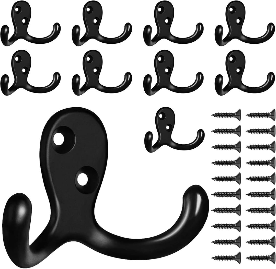 10 Pack Coat Hooks Wall Hooks for Hanging, Heavy Duty Double Prong Metal Hook Wall Mounted for Living Room, Bathroom, Kitchen, Bedroom for Coat, Bag, Scarf, Towel, Hat, Key, Cup (Black)
