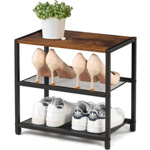 3-Tier Wooden Shoe Rack with Metal Mesh Shelves - for Entryway, Closet, Hallway & Bedroom Holds 6 Pairs, Ideal for Storage or Display