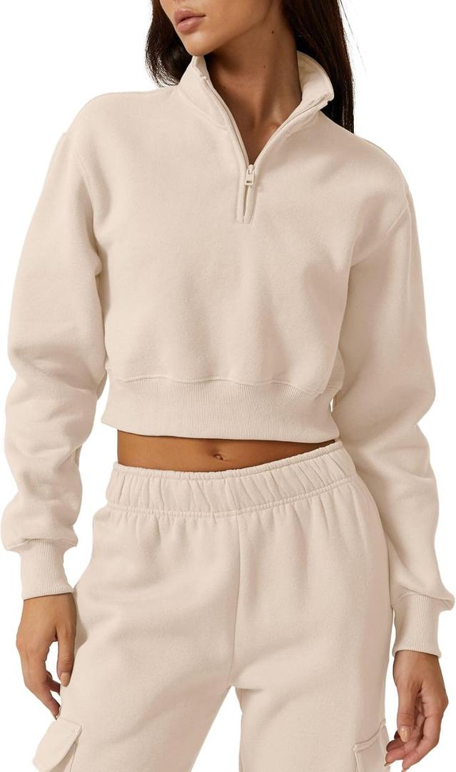 QINSEN Womens Half Zip Crop Sweatshirt High Neck Long Sleeve Pullover Cropped Top (Large, Beige)