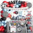Fast One Birthday Decorations for Boys  Race Car First Birthday Party Supplies with Backdrop, Cake Topper, Banner, Boxes, Foil Balloon, Cupcake Topper, Poster