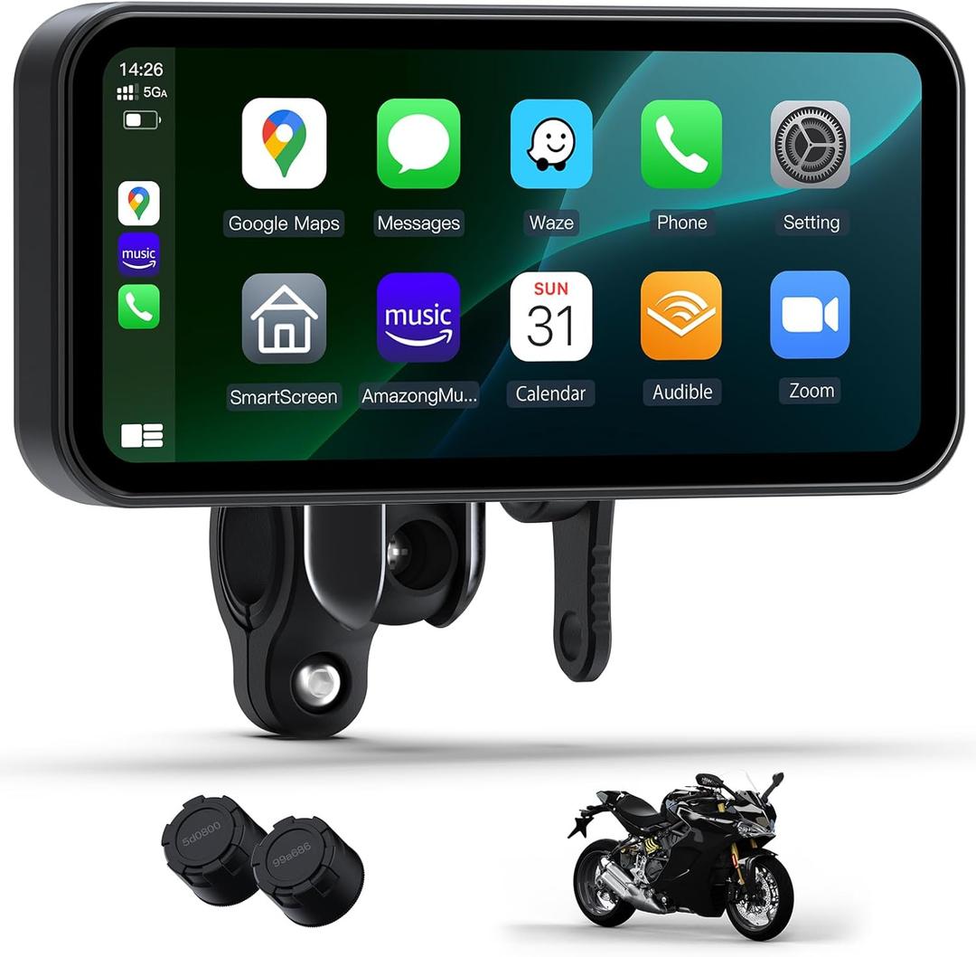 6.25 Inch Motorcycle CarPlay & Android Auto Display  IP67 Waterproof Touchscreen with Two TPMS, Dual Bluetooth, TF Card, GPS Navigation, Voice Control, Universal Mount