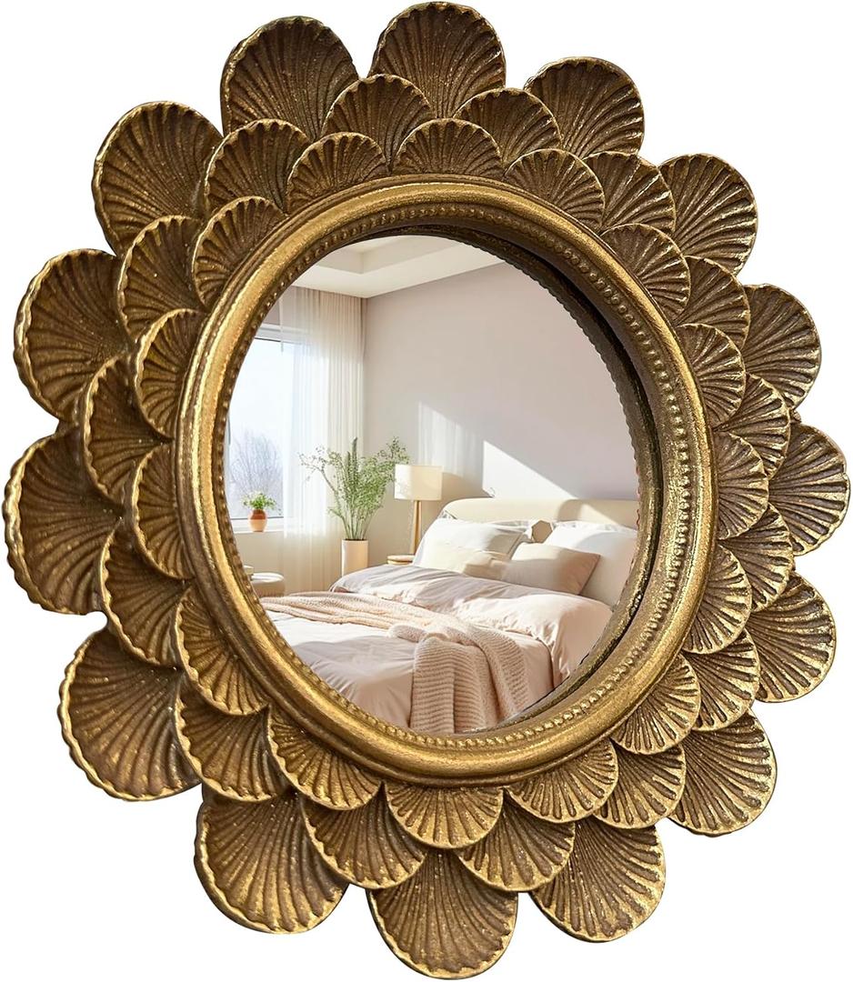Vintage Vanity Makeup Desk MirrorAntique Traditional Roundness Table Mirror Vintage Gold for Dressing Table,Bedroom, Bathroom,Tabletop,Antique, 6.7" x 6.7"