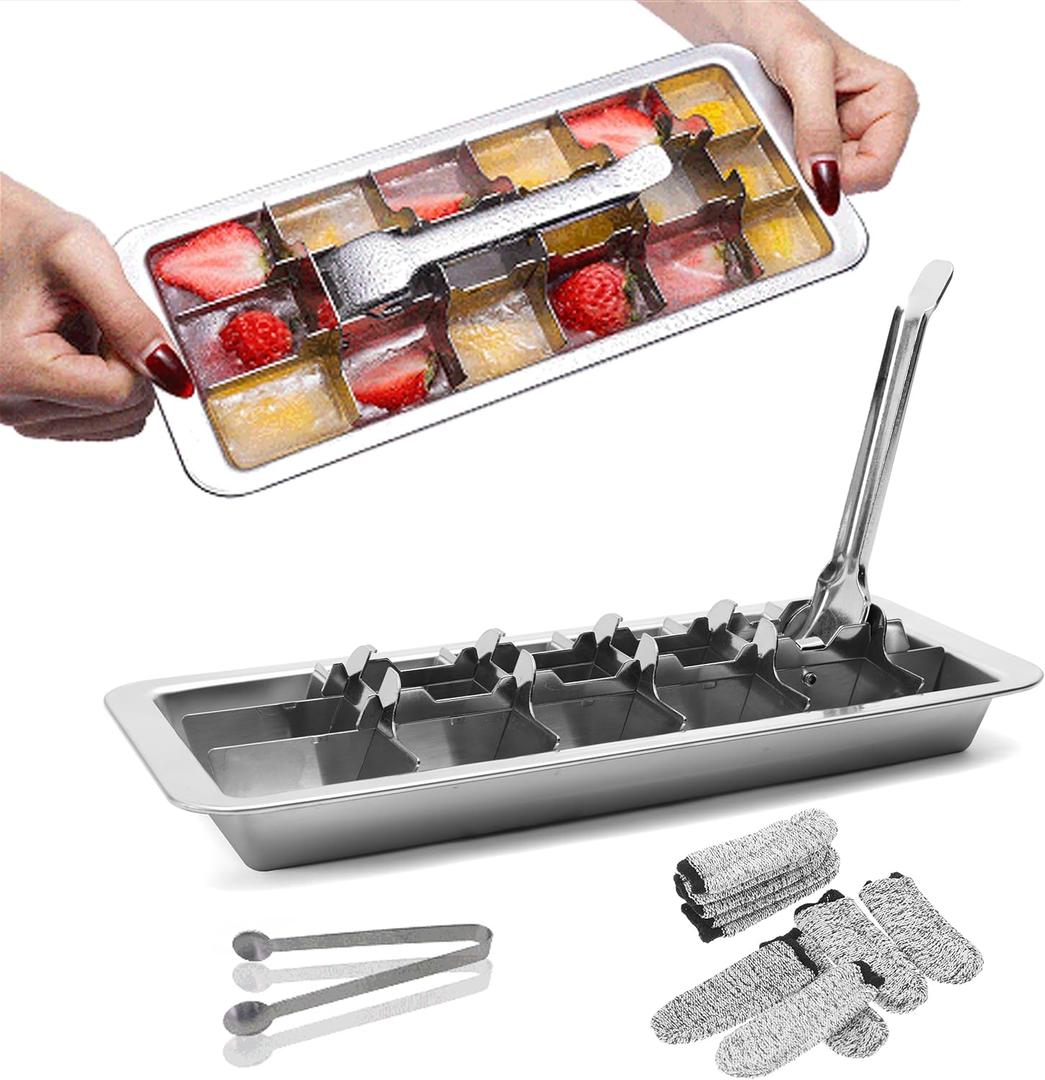Stainless Steel Ice Cube Trays, Metal Ice Cube Trays for Freezer Vintage Inspired Design with Release Lever Remove Handle for Making Large Cubes Kitchen & Bar (1pcs+Tweezers & Finger Gloves)