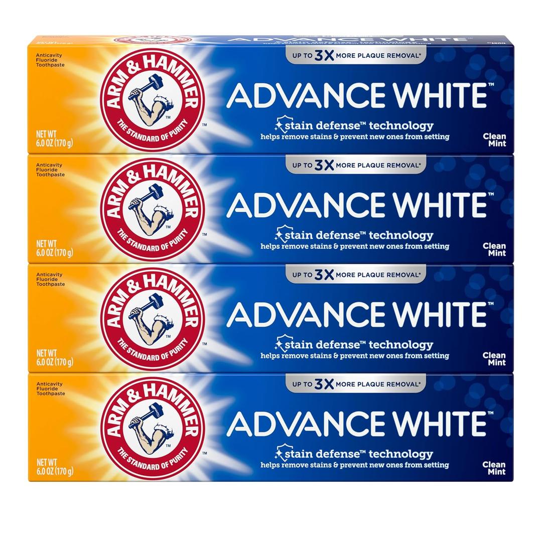 ARM & HAMMER Advance White Toothpaste, Teeth Whitening Baking Soda Toothpaste with Stain Defense Technology and Fluoride, Clean Mint Flavor, 6.0 Oz (4 Pack), Expiry: 09-2027