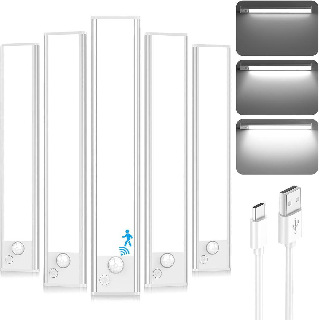Under Cabinet Lights, LED Rechargeable Battery Operated Motion Sensor Lights Indoor, 6500K Magnetic Dimmable Closet Lights, 1500mAh Wireless Under Counter Night Lights for Kitchen, Home, 5 Packs (8inch)