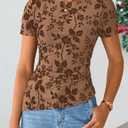ZESICA Women's Summer Mesh Floral Short Sleeve Fitted Tops | Crewneck, Asymmetrical Hem, Ruched Waist, 2026 Fashion Going Out Tee Shirts, Casual Party Date Night Blouses, Y2K Clothes (Brown, S)